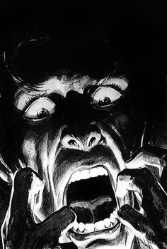 a black and white drawing of a demon with his mouth wide open, holding something in one hand