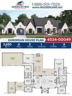 the european house plan has 4 beds, 3 bathrooms and 2 car garages on each floor