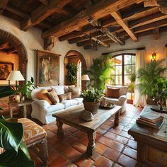 a living room filled with furniture and plants