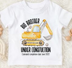 "Get your little one excited for the arrival of their new sibling with our playful Big Brother Under Construction T-Shirt! Made from 100% super soft cotton, this shirt is perfect for your little one as he takes on his new role as a big brother. Personalise it with your baby's expected arrival time to make it extra special. The cute yellow watercolour digger design and funky font add a touch of fun to this exciting time. Order now and help your little one gear up for his new adventure as a big brother and let him declare to the world \"i'm going to be a big brother\" ♥ WHY SHOP WITH US ♥ We design and print every order with love, care and attention, from our Dorset Studio We use the latest direct-to-garment (DTG) printing technology to offer a variety of printable garments and design colour Big Brother Tshirt, Funky Fonts, Big Brother Shirt, Office Birthday, New Sibling, Brother Shirts, New Adventure, Big Brother, Cool Tees