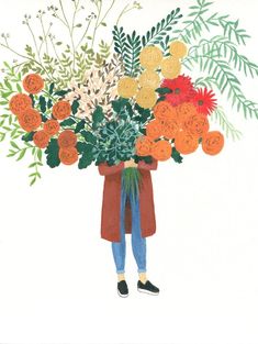 a drawing of a person holding a bouquet of flowers