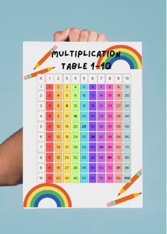 a person holding up a multicolored table with numbers on it