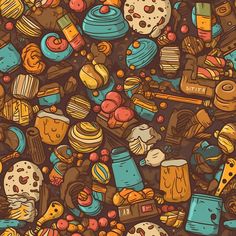 a bunch of food and drink items are scattered together in this colorful illustration, which includes cookies, donuts, hotdogs, doughnuts, and more