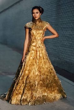 Gold Gilded Feather Couture High Collar Gown - Etsy Gold Gowns Elegant, Gold Couture Dress, Gold Gowns Elegant Classy, Gold Fantasy Dress, Gold Feather Dress, Feather Couture, Collar Gown, Gold Couture, Gilded Glamour