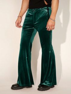 Men's Slim Fit Flared Korean Fleece Dress Pants Dark Green    Knitted Fabric Plain  Slight Stretch  Men Clothing, size features are:Bust: ,Length: ,Sleeve Length: Velvet Flared Pants, Velvet Lace Top, Emerald Velvet, Velvet Flare Pants, Witchy Aesthetic, Flare Legging, Velvet Flares, Rib Top, Flared Leggings