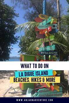 a sign that says what to do on la digue island beaches, likes 6 more