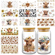 two glass jars filled with stickers and some animals on the inside one is decorated with flowers