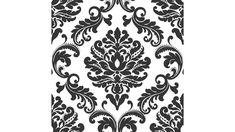 a black and white damask wallpaper with an ornate design on the bottom half