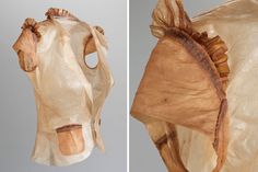 two pictures of the back and side of a horse's head made out of wood