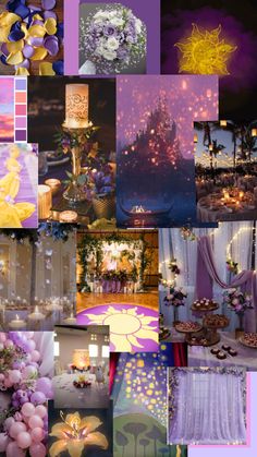 a collage of photos with flowers, candles and decorations in purples and yellows