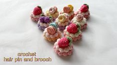 crochet hair pin and brooch set in pink, yellow, purple, green, white