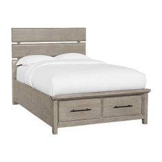 a bed with two drawers underneath it and a white blanket on the top of it