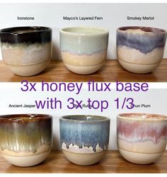 four different types of bowls with the words 3x honey flux base on them