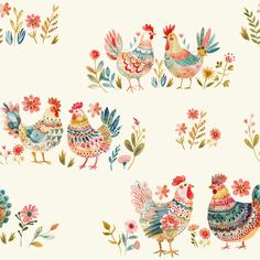 an image of chickens and flowers on a wallpaper pattern in pink, blue, yellow and red