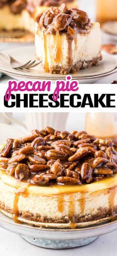 pecan pie cheesecake with caramel drizzle on the top and bottom