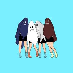 three people in ghost costumes are standing next to each other with their hands on their hipss