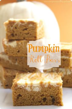 pumpkin roll bars stacked on top of each other with the words, pumpkin roll bars