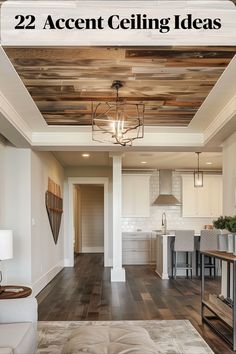 Capture the cozy charm of rustic living with wooden planks adorning your ceiling. These weathered accents add warmth and character overhead Wood Ceiling Above Dining Table, Wood Ceiling Above Kitchen Island, Wood In Ceiling Interiors, Lake House Ceiling Ideas, Wood Living Room Ceiling, Shiplap Ceiling With Beams Living Room, Painted Wood Ceiling With Beams, Flooring On The Ceiling, Rustic Cabin Ceiling Ideas