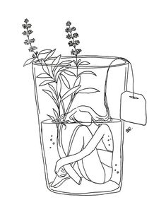 an ink drawing of a plant in a glass filled with water and ice cubes