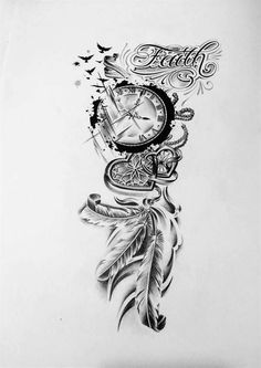 a drawing of a clock and feathers with the word faith on it's side