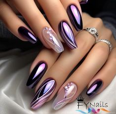 Purple Chrome Nails Almond, Nails 2033, Purple Chrome Nails Design, Purple Nail Art Designs, Purple Nail Art, Purple Acrylic Nails, Chrome Nails Designs, Gel Nail Art Designs, Purple Nail Designs