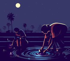 two people are standing in the water at night, one is holding a lit candle