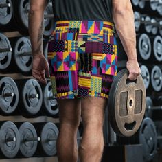 Kente Print Mens shorts, Ankara Mens swim trunks, Men's Athletic Long Shorts, African Print Mens shorts Sports outfits can be a lot of hassle, but with these long shorts there's no need for that. Just throw on a pair and go running, swimming, weight-lifting, or participate in any other activity that pops in your mind. These shorts won't let you down! * 96% polyester, 4% elastane (fabric composition may vary by 2%) * Fabric weight: 5 oz/yd² (169.5 g/m²) * Four-way stretch water-repellent microfib Multicolor Gym Bottoms For Summer, Summer Workout Boxer Briefs, Multicolor Boxer Briefs For Sports In Summer, Multicolor Athletic Shorts For Summer Workout, Summer Workout Multicolor Athletic Shorts, Sports Boxer Briefs With Built-in Shorts For Beach Season, Multicolor Sports Shorts With Pockets, Multicolor Gym Shorts, Summer Workout Boxer Briefs With Built-in Shorts