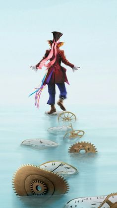 a man is walking on gears in the water with his hat and coat over his shoulders