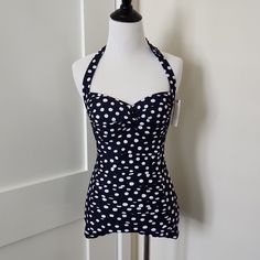 Nwt Anthropologie Navy Blue And White Retro Polka Dot Neck Tie Ruched One-Piece Boy Short Swimsuit. Size 8 Us/12 Aus. Designed By Seafolly Australia. Built-In Bust Cups. Tie Closure At The Neck. Never Been Worn. Hygiene Protector Still In Place. Make Me An Offer Or Ask Me More Questions Below! Fitted Polka Dot Swimwear For Spring, Blue Retro Sleeveless Swimwear, Polka Dot One-piece Swimwear For Vacation, Retro Blue Printed Swimwear, Polka Dot One-piece Swimwear For Pool, Polka Dot One-piece Beachwear, Polka Dot Tie, Boy Shorts, Womens Swim