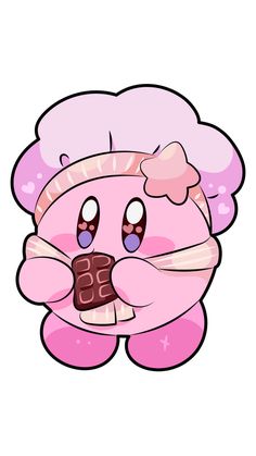 a pink teddy bear holding a chocolate bar