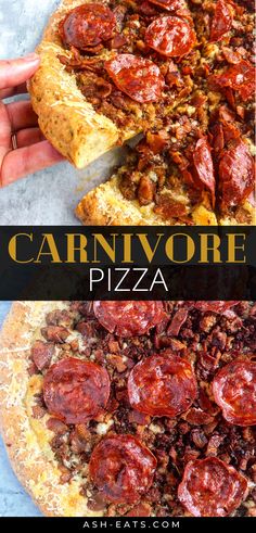 two different pictures with the words carnivore pizza on them and one has pepperoni