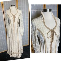 "1970's cream full length Gunne Sax dress with brown lace up front and cream lace. Extremely funky neckline and both sleeves have zippers! Zipper up the back.  This dress is NOT in perfect condition - there's a white paint stain on the lower left back skirt, a pair of dark stains on the skirt, and two groups of many small rips that look like the fabric had a cheese grater taken to it. Some of these rips are holes that need repair and others are just scrapes.  Being sold as is. See all photos. Women's small/medium 36\" bust 28\" waist 44\" hips 13.5\" shoulder to waist 44\" waist to hem" 1970s Gunne Sax Dress, Gunne Sax Dress 80s, 1970s Fitted Cream Dress, 1970s Long Sleeve Vintage Dress With Lace Trim, Gunne Sax Black Label, Gunne Sax Dress, Gunne Sax, Cream Lace, Dress Clothes For Women