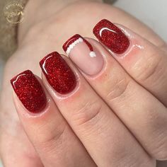 Basic Sparkly Nails, Sparkly Nails Short Square, New Christmas Nails, Simple Dark Christmas Nails, Red Nail Designs For Christmas, Nail Designs Very Short Nails, December Dip Nails Christmas, Red Sparkly Nails Christmas, Christmas Holiday Nails Ideas