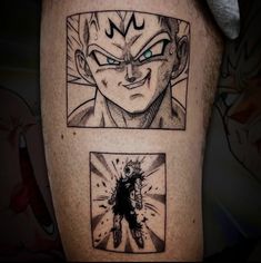 a man with tattoos on his legs and one has an image of the character gohan