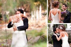 the bride and groom are posing for pictures