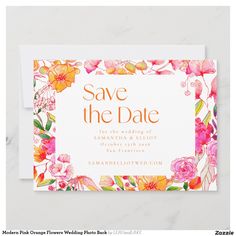 save the date card with watercolor flowers and leaves in pink, yellow and orange