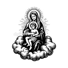 the virgin mary and child jesus on clouds with sun rays in black and white ink