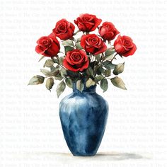 a painting of red roses in a blue vase