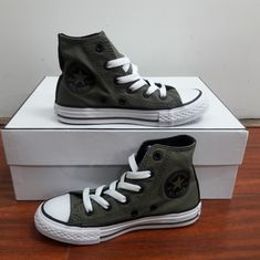 Brand New In The Box Converse Lace-up Sneakers For School, Converse Forest Green, Non-slip Lace-up Converse Sneakers, Sporty Green Converse Canvas Shoes, Green Converse Sneakers For Outdoor, Green Cotton Converse Sneakers, Green High-top Converse Canvas Shoes, Kids Converse, Converse Shoes