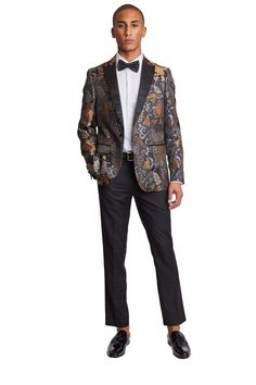 This multi-color floral tux jacket is certain to turn some heads at any event you attend. Featuring two front pockets, a complementary pocket square, and an interesting inner lining, this tux jacket is a step above the standard black tuxedo jacket. Wear it with a classic black tuxedo pant for the perfect look. PRODUCT DETAILS: style 6463J slim fitting 1 button jacket peak lapel complimentary pocket square side vents 100% Polyester dry clean only imported Gold Tuxedo Jacket, Classic Black Tuxedo, Gold Tuxedo, Black Tuxedo Jacket, Fall Suit, Tuxedo Pants, Formal Pants, Black Tuxedo, Peak Lapel