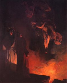 the painting shows two people standing in front of a fire