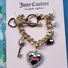 Juicy Couture Charmed Bracelet Open Multi Color Rhinestones Key Closed Heart Pearl Gold-Tone Large Heart With Juicy Logo Surrounded By White Crystal's Brand New,Never Worn Juicy Charm Bracelet, Juicy Couture Aesthetic, Closed Heart, Charmed Bracelet, Juicy Jewelry, Gold Jewelry Aesthetic, Juicy Couture Earrings, Juicy Couture Charms Bracelet, Keychain Charms