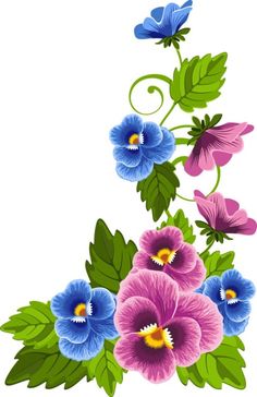 an image of flowers with leaves on the bottom and one blue flower in the middle