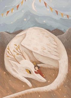 a painting of a white dragon with a little boy on it's back in the desert