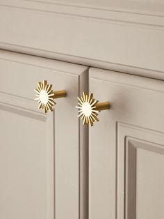 two gold door handles on white cabinets in a room with beige walls and flooring