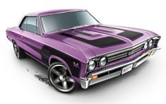 a purple muscle car with black stripes on it's hood and the hood up