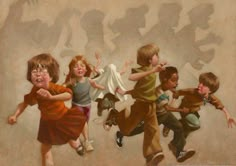 a painting of children running and jumping in the air