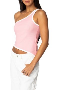 Fine ribbing shapes this sleek shoulder-baring tank punctuated with an eye-catching asymmetric hem. One-shoulder neck 95% cotton, 5% spandex Machine wash, dry flat Imported Casual Fall Jacket, One Shoulder Tank Top, One Shoulder Tank, Contrast Top, Rib Top, Pink Fits, Favorite Daughter, Maternity Shops, Beauty Awards