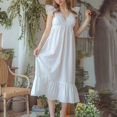 French Lace Ruffle Pajama Nightgown | Best Stylish Bedding | Ever Lasting Feminine Delicate Lace Nightgown For Loungewear, Delicate Lace Trim Summer Sleepwear, Feminine Delicate Lace Loungewear Dress, Feminine V-neck Nightgown With Lace Trim, Cotton Ruffle Nightgown For Home, Cotton Ruffled Nightgown For Home, Cotton Nightgown With Ruffles For Home, White Lace Trim Sleepwear For Home, Feminine Lace Nightgown For Sleep