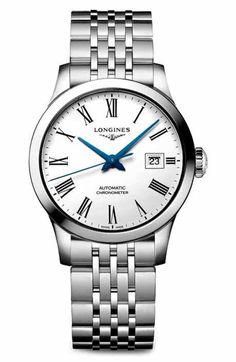 Longines Record Diamond Bracelet Watch, 30mm | Nordstrom Longines Watch, Unisex Jewelry, Roman Numerals, White Silver, Diamond Bracelet